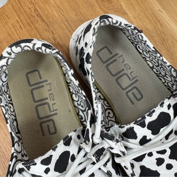 Hey Dude Wendy Milky Way Cow Print Canvas Slip On Shoes White Black Womens 6 - Picture 10 of 12